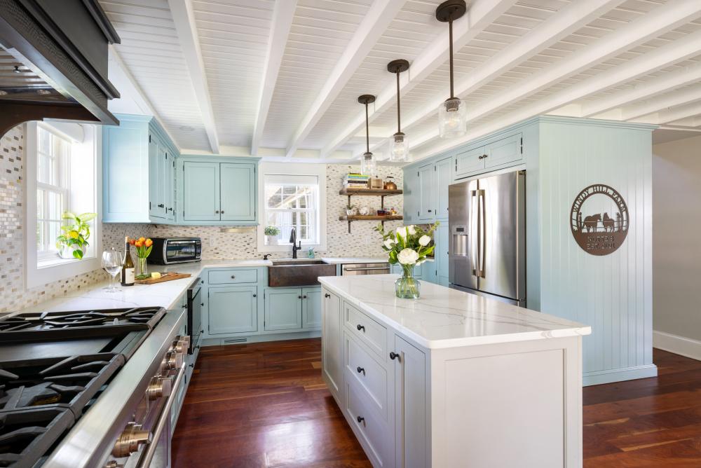 light blue and copper range hood