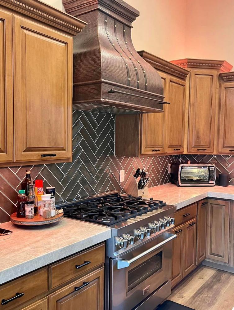 dark wood cabinets with tile