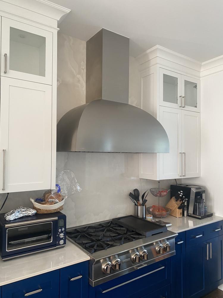 blue and white cabinets with stainless steel range hood