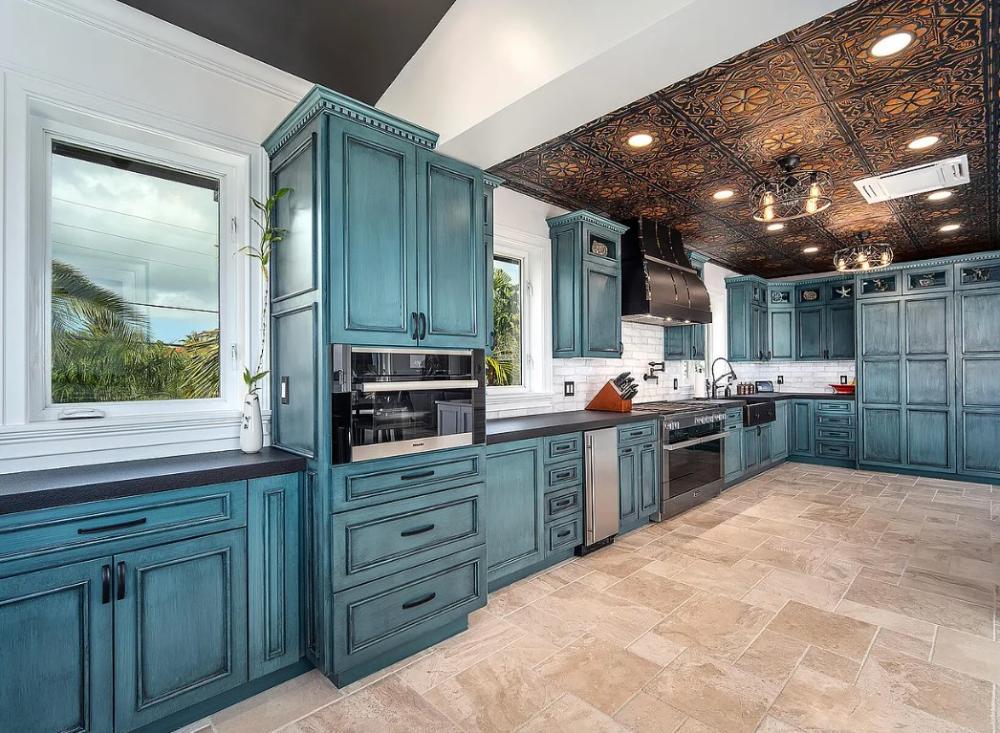 blue wood cabinets