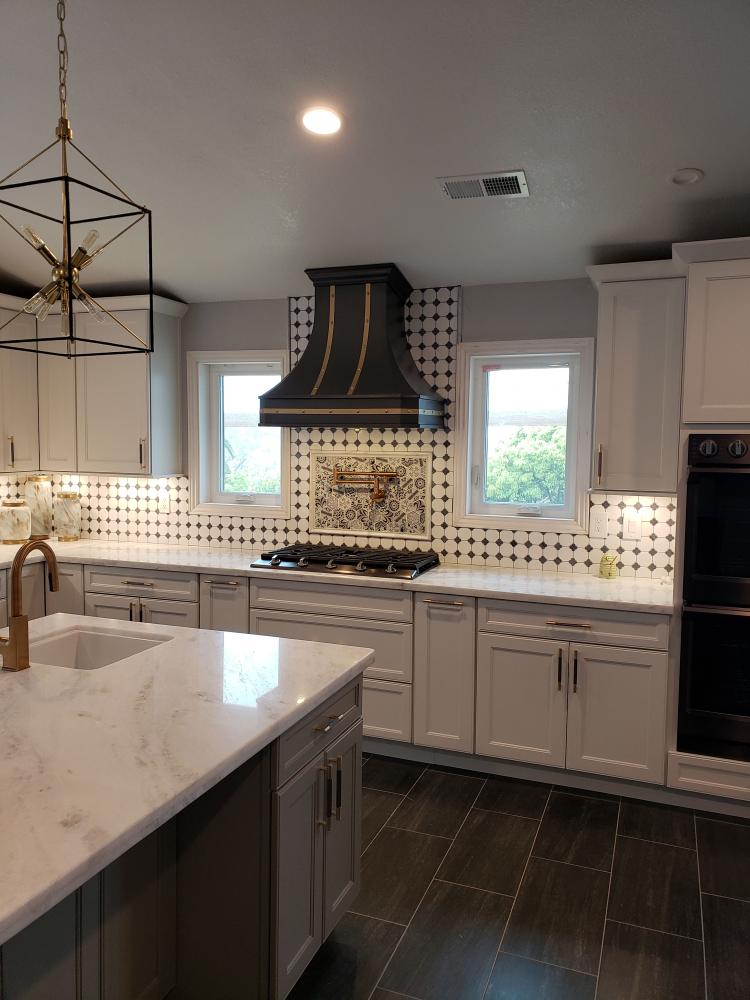 black white brass kitchen