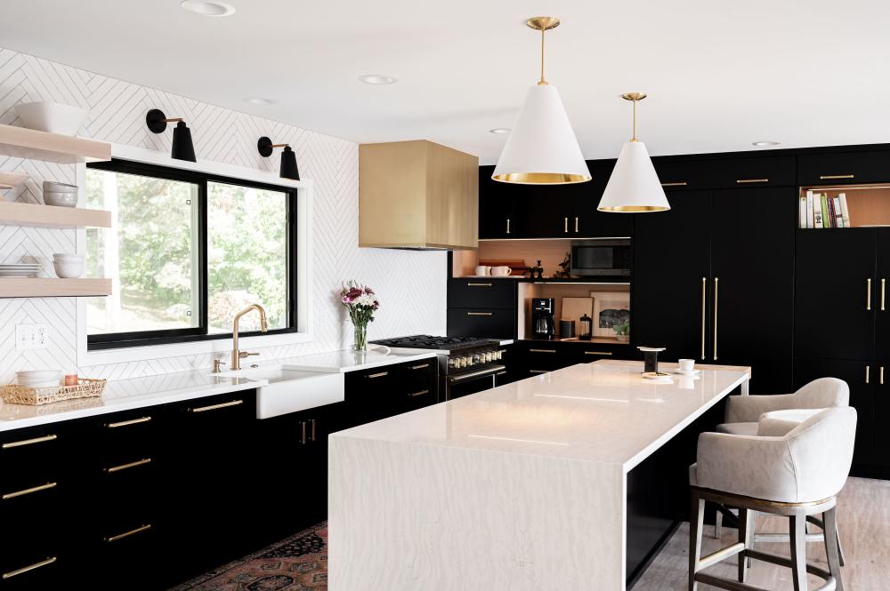 modern kitchen with black cabinets