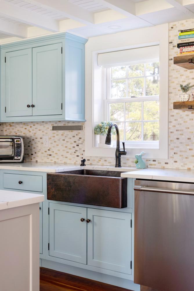 traditional kitchen with copper hardware